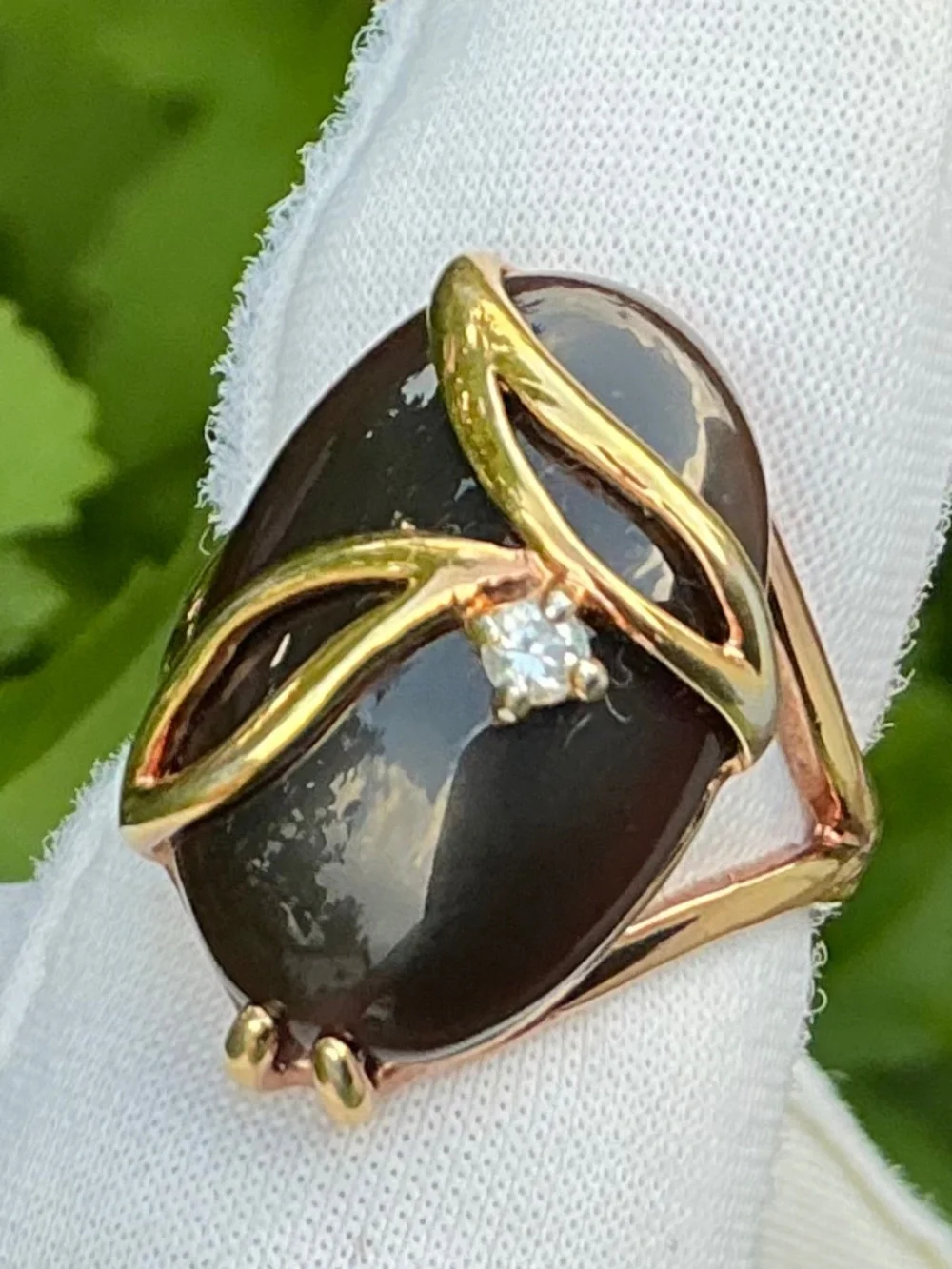 Vintage Seta Oval Black Onyx & Crystal Gold Plated Statement Ring Size 6